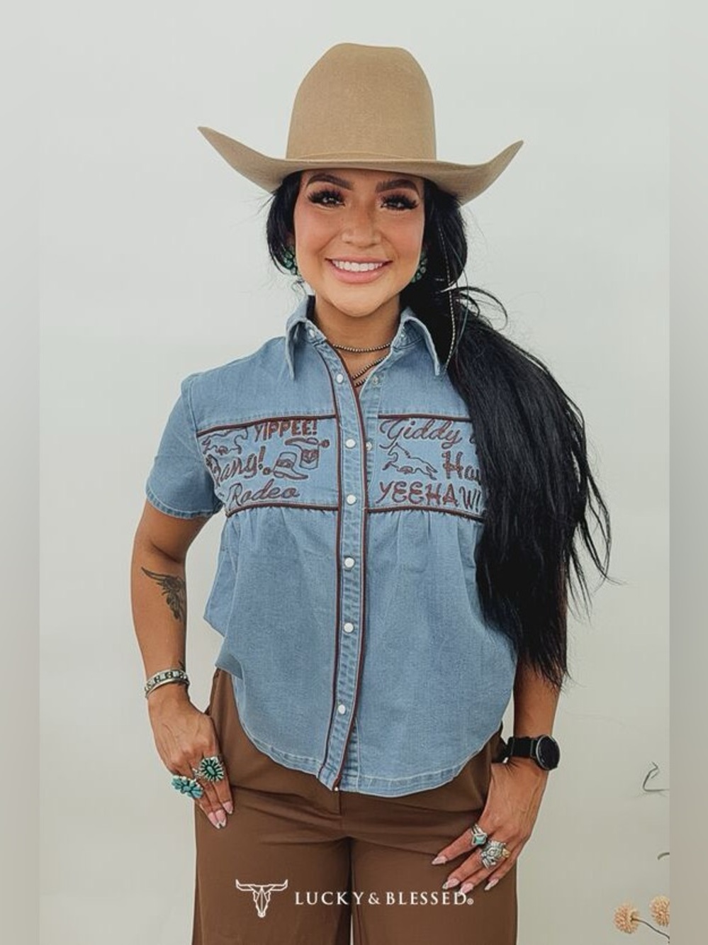 Lucky & Blessed Light Wash Embroidered Western Snap Button Shirt